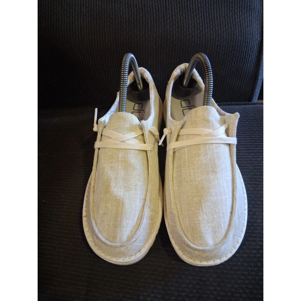 Hey Dude Wendy Sparkling Gold Slip On Loafers Womens 8 Cream Metallic Moccasins